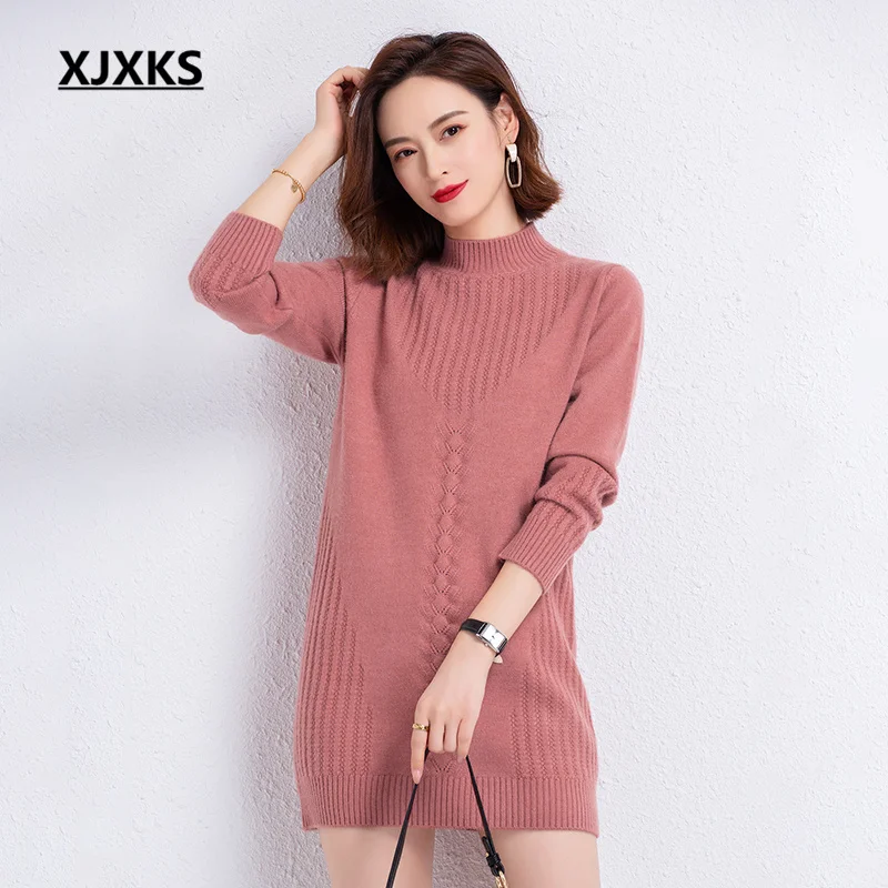

XJXKS 2022 Winter New Solid Color All-match Women's Long Sweater Thickened Warm Turtleneck Wool Knitted Jumper Female Pullover