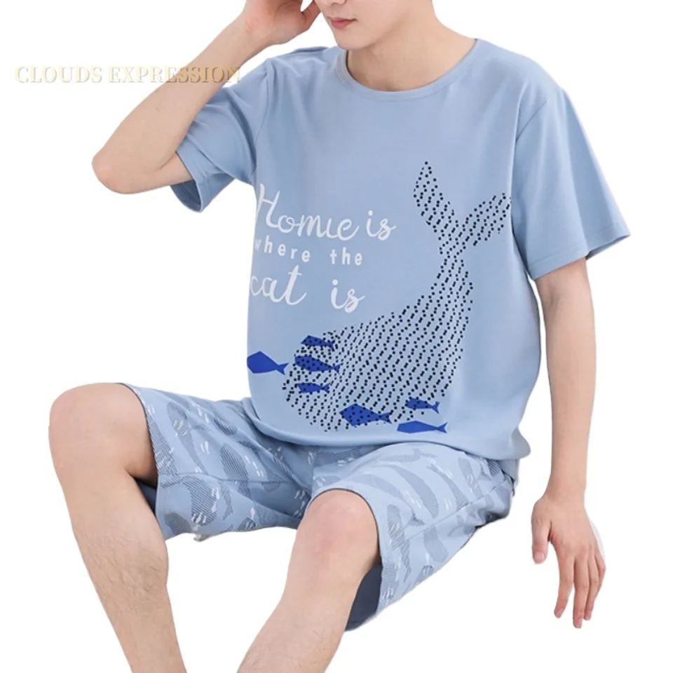 Summer Knitted Cotton Short Sleeved Men's Pajamas Sets Male Pajama Set Polka Dots Pajama Men Sleepwear Suit Homewear Size