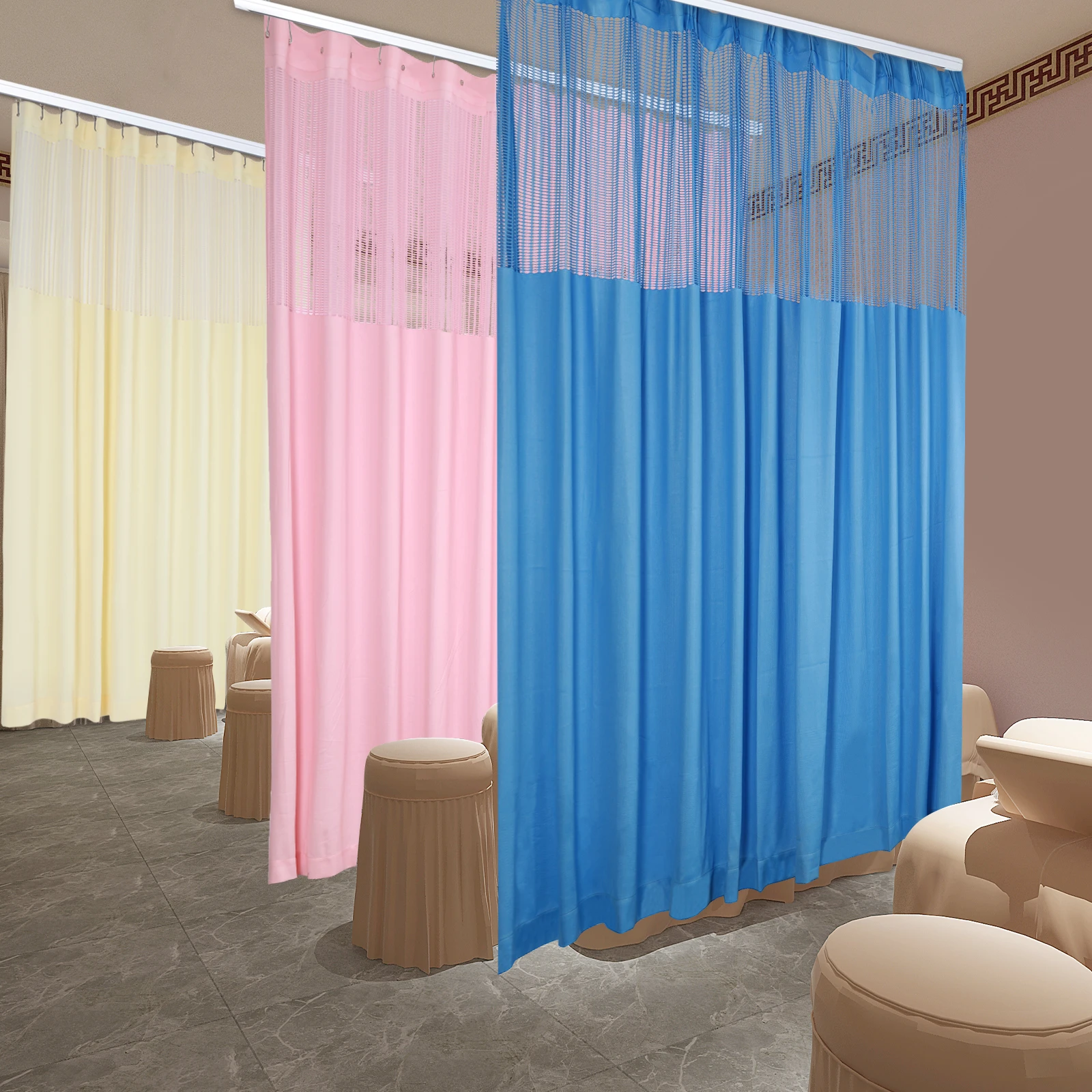 

Tall Blue Pink and Beige Room Divider Curtain for SPA School Nursery, Privacy Curtain with Mesh Top, 12ft Wide x 8ft