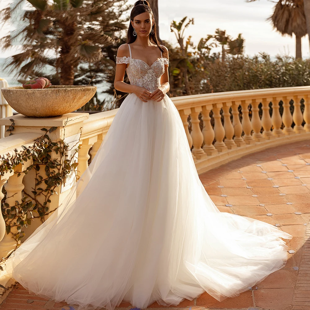 

2024 Ivory Tulle Women Wedding Dresses Sexy Luxury Off The Shoulder Glittle Bridal Gowns Lace Flower A-Line Vestidos De Noivas