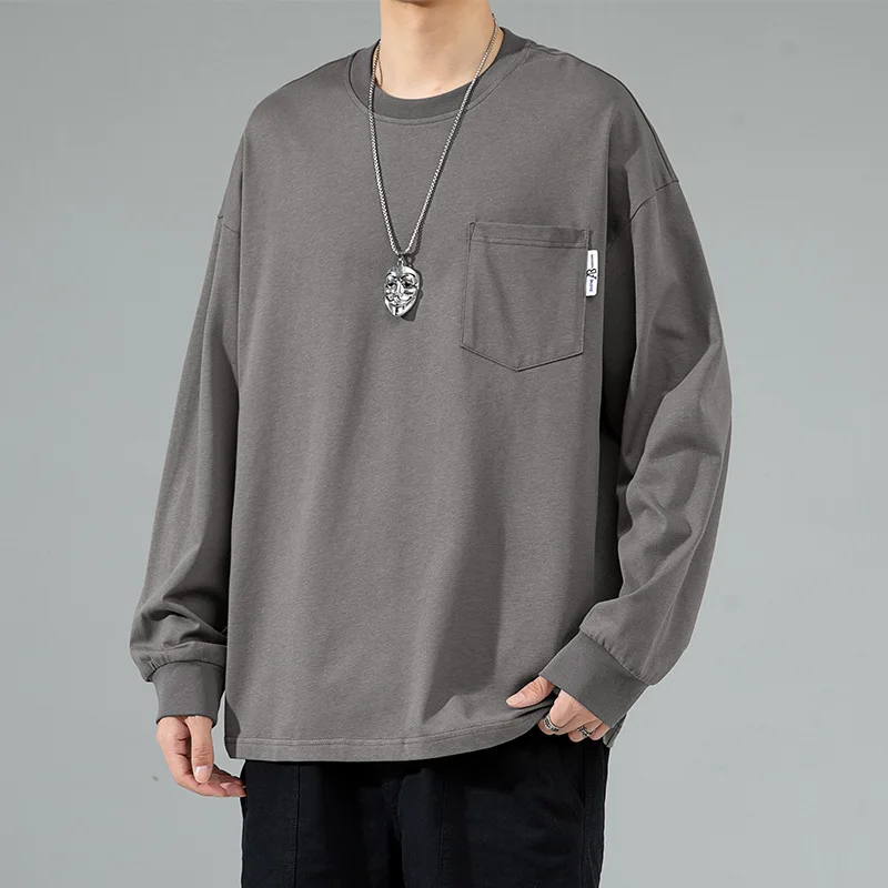 Round neck pure cotton T-shirt Solid color Simple long sleeved Loose casual pocket Rib cuffs hoodies