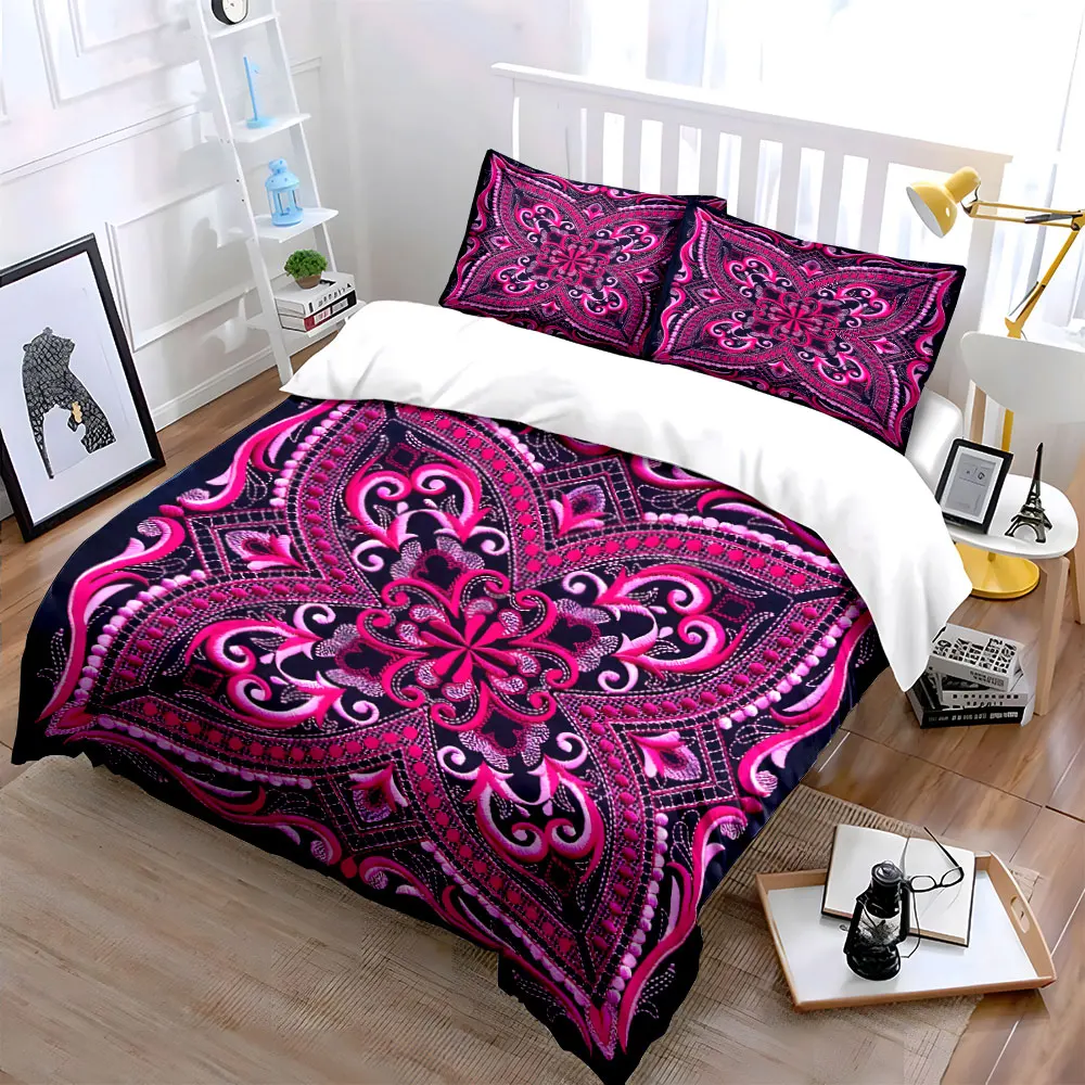 Boho Mandala Embroidery Pattern Bedding Set, Symmetrical Ethnic Floral Print Duvet Cover Set, Bohemian Soft Microfiber Bed 3pcs 4