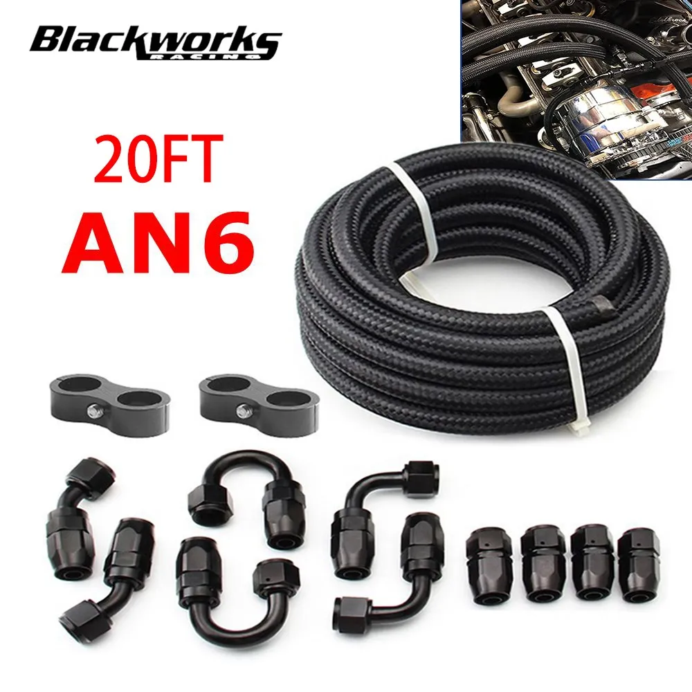 

6M 6AN AN6 20FT Black Braided Oil Fuel Fittings Hose End 0+45+90+180 Degree Oil Adaptor Kit Oil Fuel Hose Line With Clamps