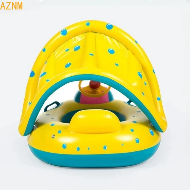 Siège flottant gonflable jaune pour bébé avec pare-soleil et volant pour piscine 1
