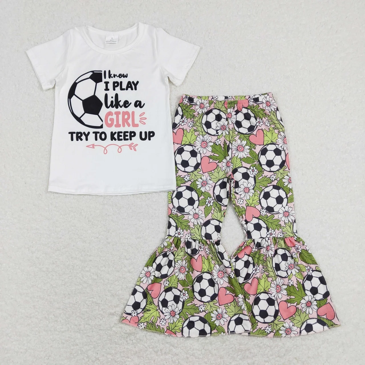 

Wholesale Toddler Ball Clothes Baby Girl Short Sleeve Shirt Floral Hearts Bell Pants Flower Outfit Kids Game Day Spring Fall Set