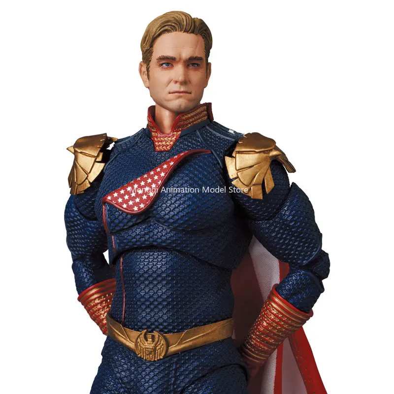 Profile shot of authentic MAFEX Homelander showcasing intricate suit design, available at Rockatship