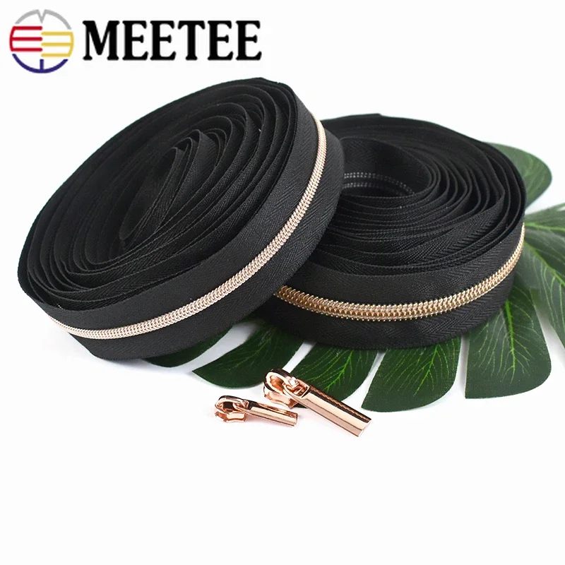 10Meter 3# 5# Nylon Zipper Tape with RoseGold Zips Puller Slider Decor Zippers Bag Clothes Coat Closure Zip DIY Sewing Accessory