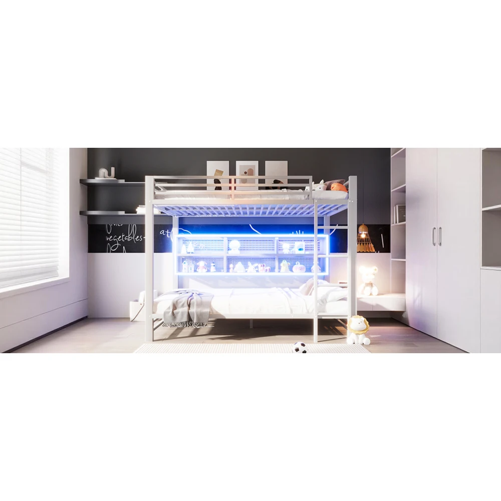 140 x 200 cm großes modernes Etagenbett mit 6 Aufbewahrungsschränken und LED-Lichtern, Babybett aus Metall mit Geländer, geeignet für Kinderzimmer – Detail 31