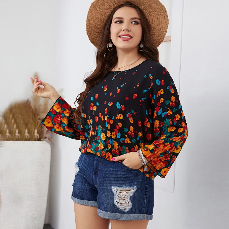Della Mel Plus Size Women Clothing Blouses Fashion Casual Loose Long Sleeve Floral Print Chiffon Tops Elegant Big Size Blouse