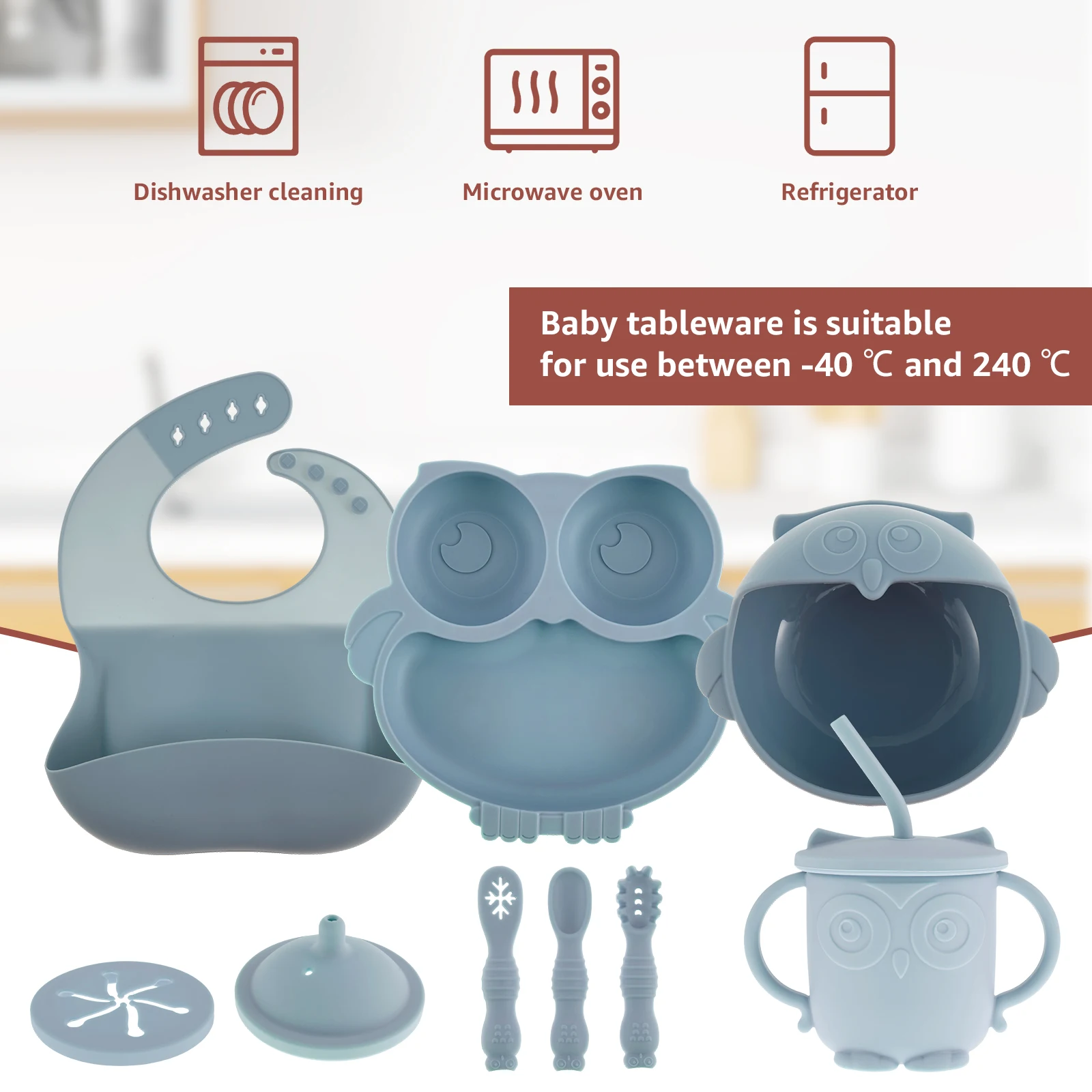 11/5pcs Baby Dining Plate Silicone Tableware Set Toddler Feeding Divided Dinner Tray for Infant Weaning Baby Saliva Dripping Bib