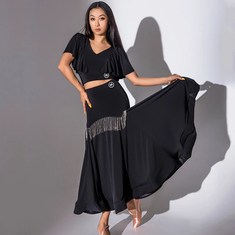 

New Ballroom Dance Performance Costumes For Women Black Short Sleeved Swing Skirts Waltz Modern Dance Practice Dress DN15540
