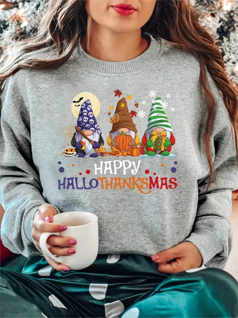 Happy Hallothanksas Print Sweatshirt, Casual Long Sleeve Crew Neck Sweatshirt, Women's Clothing