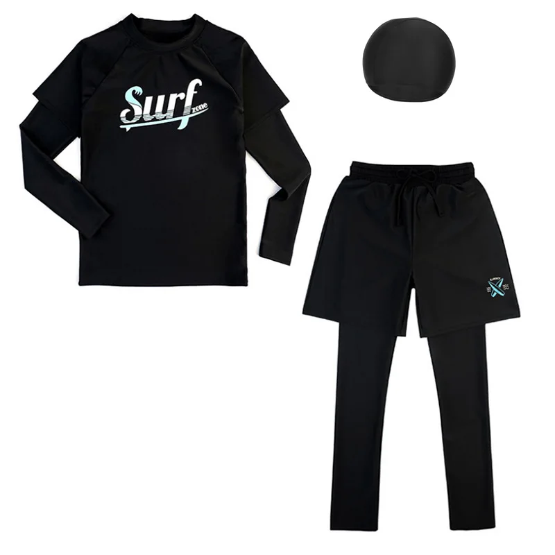 

Plus Size 9-14 Year Boy Long Sleeve Long Pant Swimsuit Children Sunscreen Letter Print Swimwear Kid Two Pieces Bathing Suit