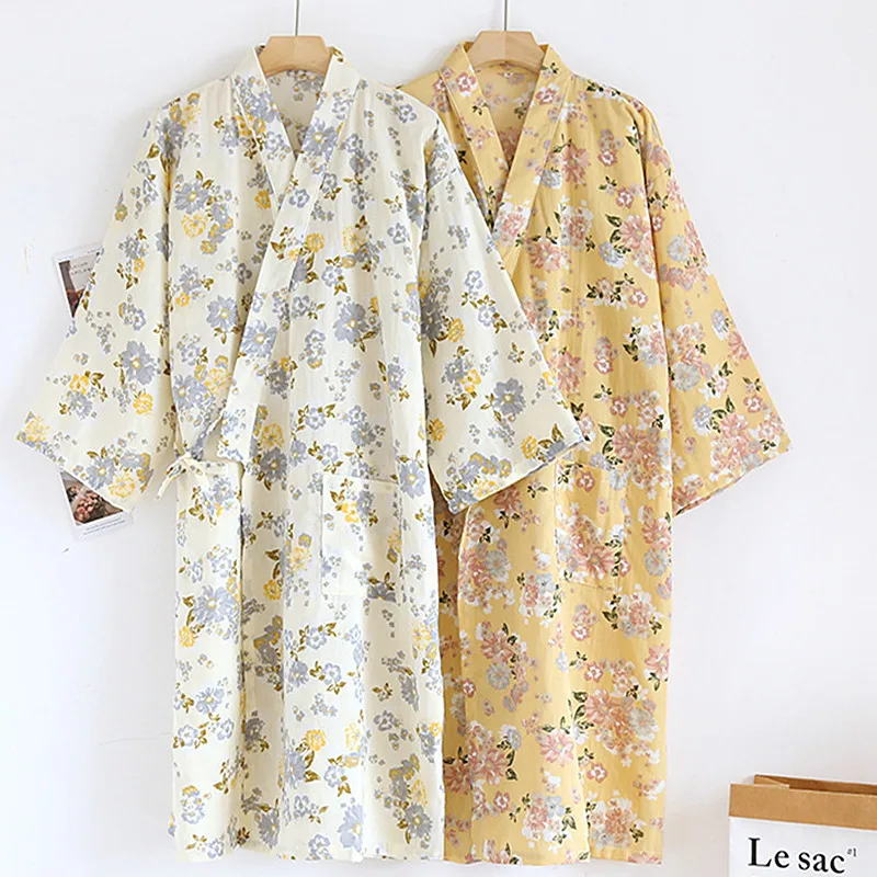 Japanese Kimono Cotton Gauze Bathrobe For Women Floral Printed Sleepwear Robe Loose Spring Autumn Night Wear Home Robes