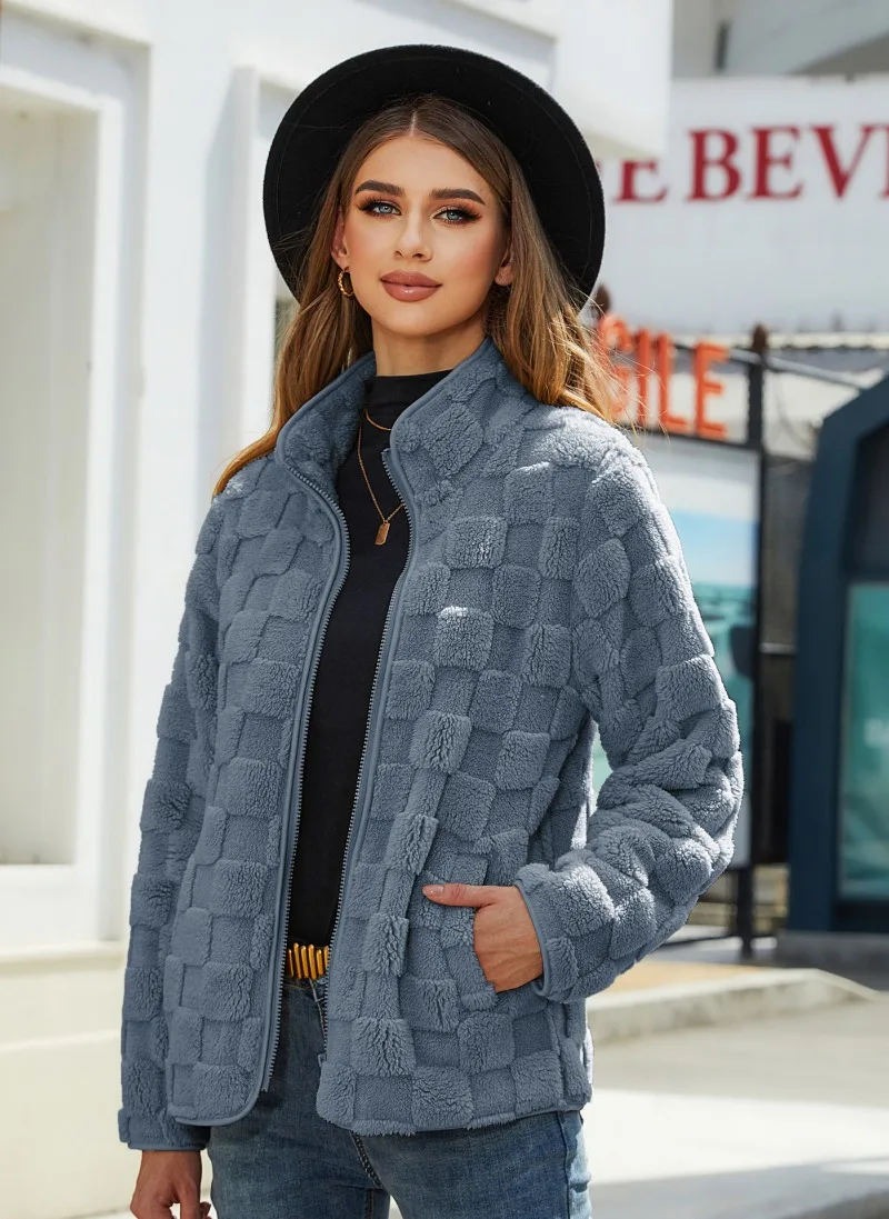 2023 Autumn/Winter New Women's Long Sleeve Cardigan Zipper Loose Solid Casual Versatile Checkered Plush Warm Coat for Women
