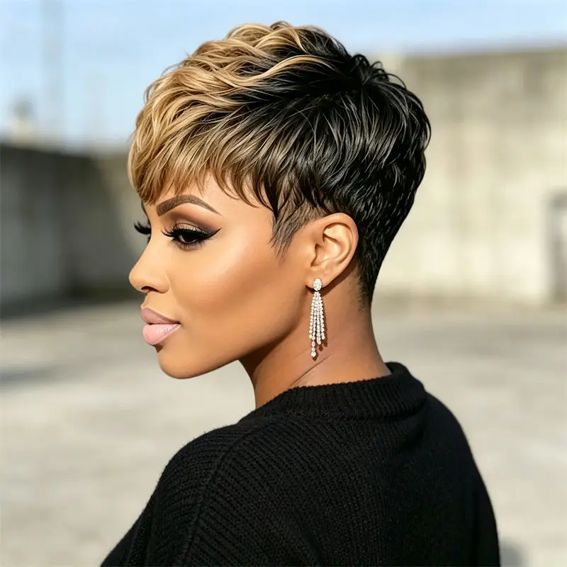 Parrucca Pixie Cut con frangia, realizzata a macchina, nera, bionda, riccia, a strati, in vero capello umano, per donne, per uso quotidiano e per eventi. - immagine 5