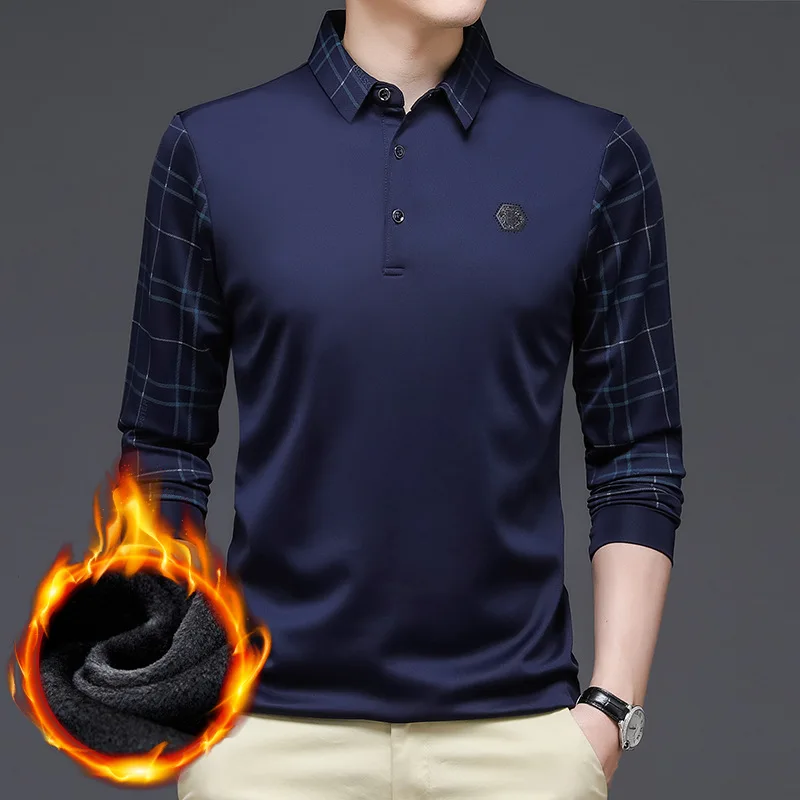 

New Men's Fleece-lined Long-Sleeved Polo Shirt Casual Men's Korean Style Trendy Thickening Warm T-shirt Men