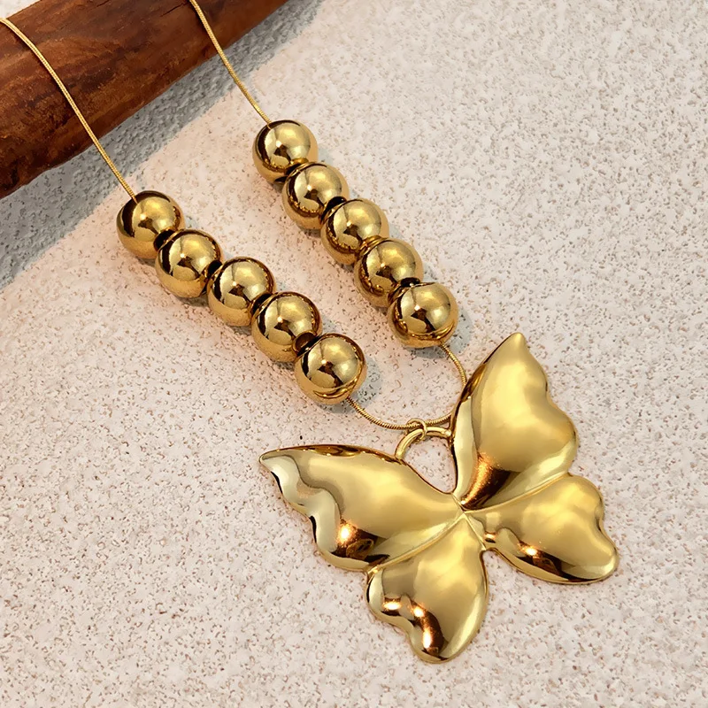 Hiphop Rock Stainless Steel Ball Flower Butterfly Necklace Exaggerated Waterproof Beads Beaded Necklaces Handmade Punk Jewelry