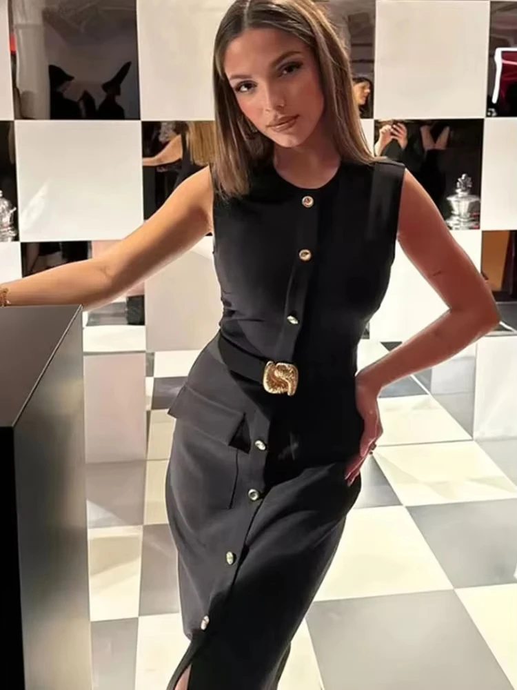 HH Women Fashion Belt Midi Dress O Neck Single Breasted Sleeveless Dresses Front Slit Summer Casual Maternity Outfit Dress