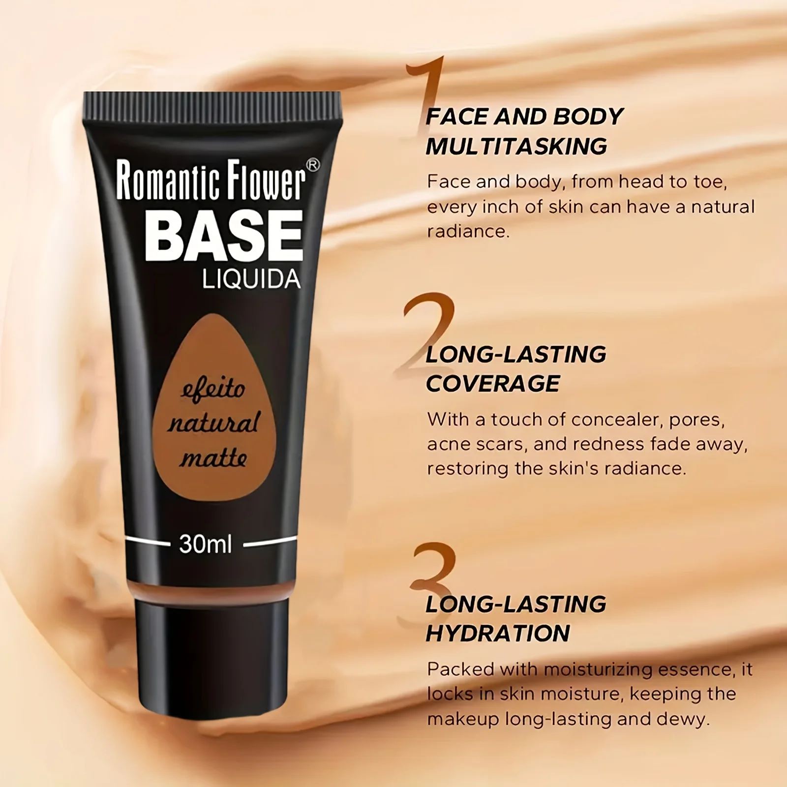 3-color liquid foundation, long-lasting complexion, suitable for normal and dry skin, long-lasting full coverage, matte finish, 4