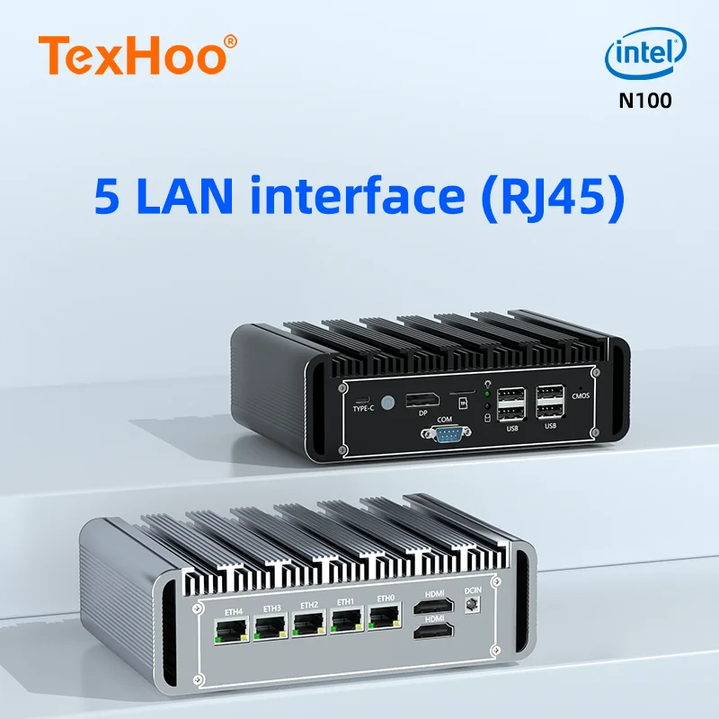 TexHoo Intel N100 Mini PC Computer Firewall Appliance Mini Desktop Hardware 5 Lan I225 2.5G Network Ethernet Pfsense mini pc