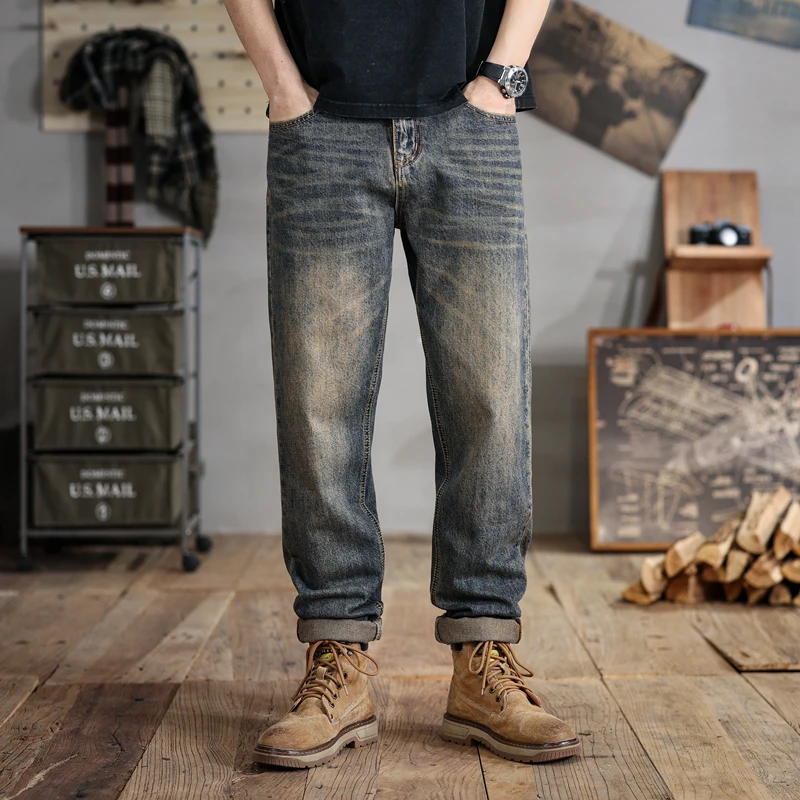 

2024Large Size Men's Amekaji Jeans plus-Sized Loose Wide Leg Loose American Heavy Craft Casual Pants