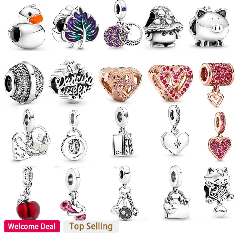 

New Women's 925 Silver Love Heart Rubber Duck Cute Mushroom String Decoration Suitable for Original Women's Bracelet DIY Jewelry