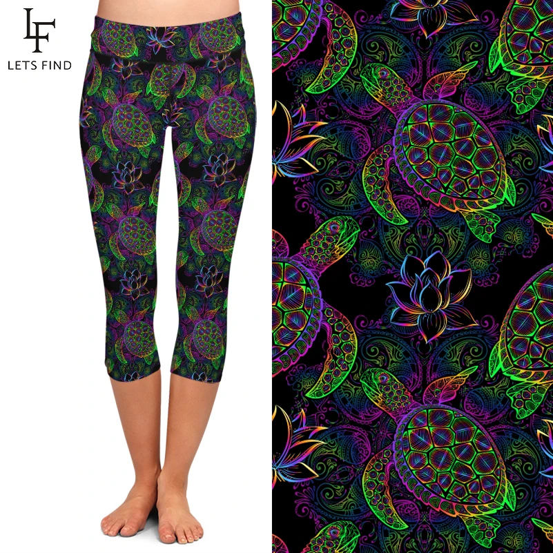 LETSFIND Summer Women Fitness Capri Leggings High Waist Sea Turtles Print Mid-Calf Stretch Black Leggings