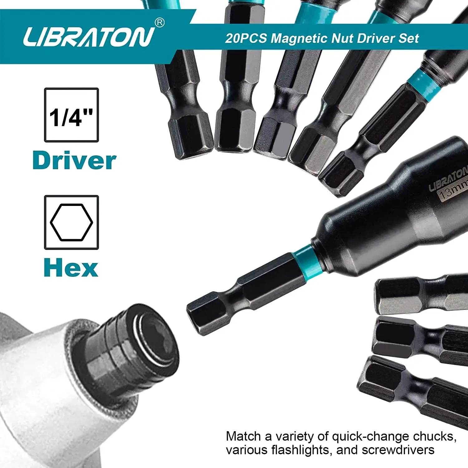 Libraton 20PCS Magnetic Nut Driver Set, Impact Drill Driver Bit Set 1/4" Metric and SAE Nut Driver with Storage Bag Nut Drivers 3
