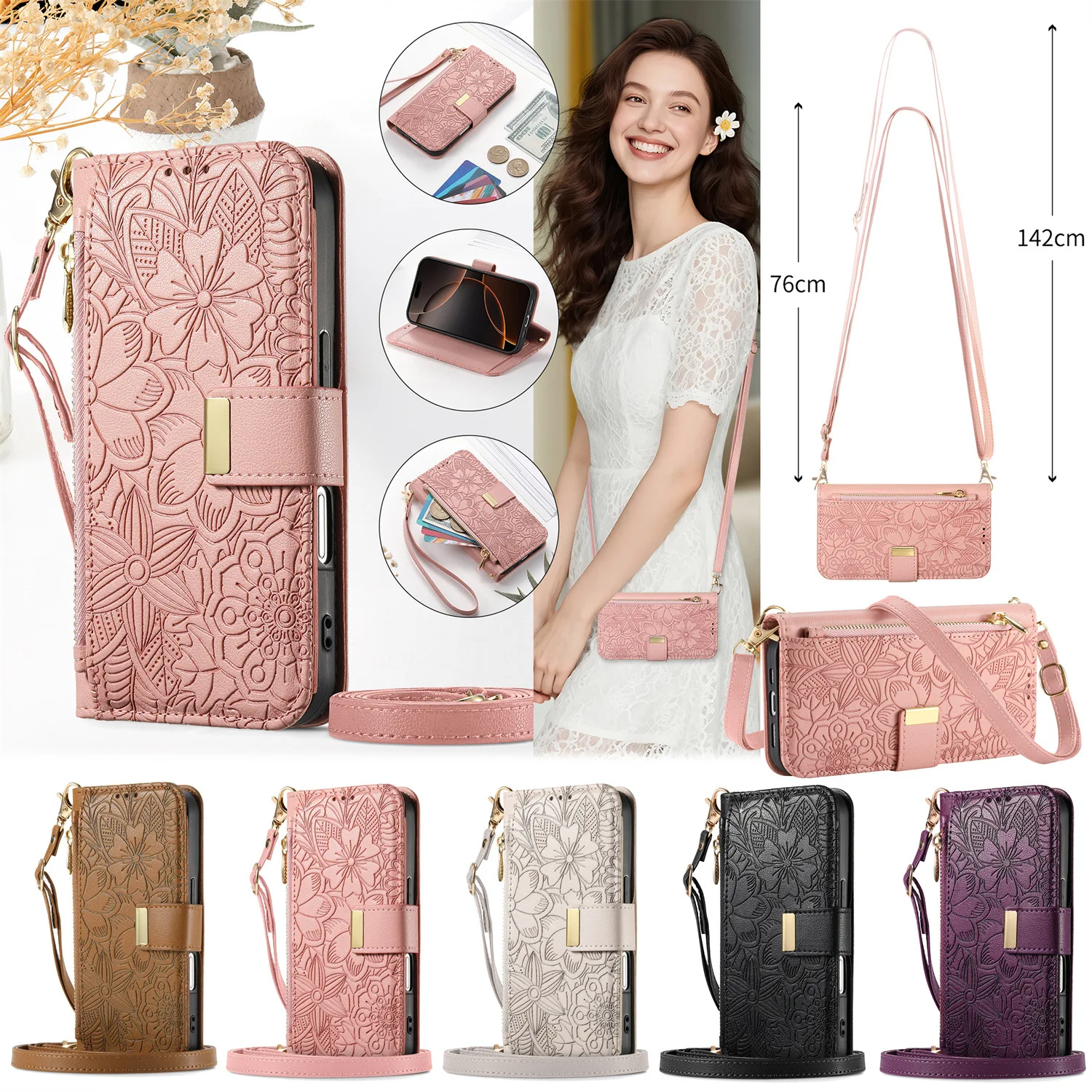 Luxury Leather Crossbody Wallet Case with Zipper and Lanyard - Multi-Card Wristlet Flip Cover