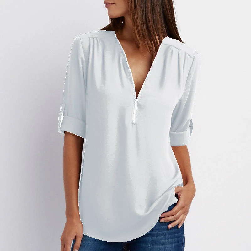 S-5XL Ladies Loose Chiffon Shirt Multi Colors V-Neck Zipper Long-Sleeved Casual Basic White Black Blouse Shirt Tops Plus Size 4