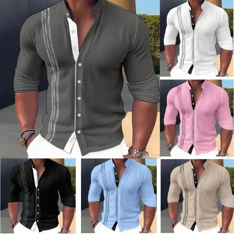 

Casual Linen Contrast Color Men Shirt Autumn Stand Collar Button Slim Elegant Gentleman Office Long Sleeve Tops Men's Clothing