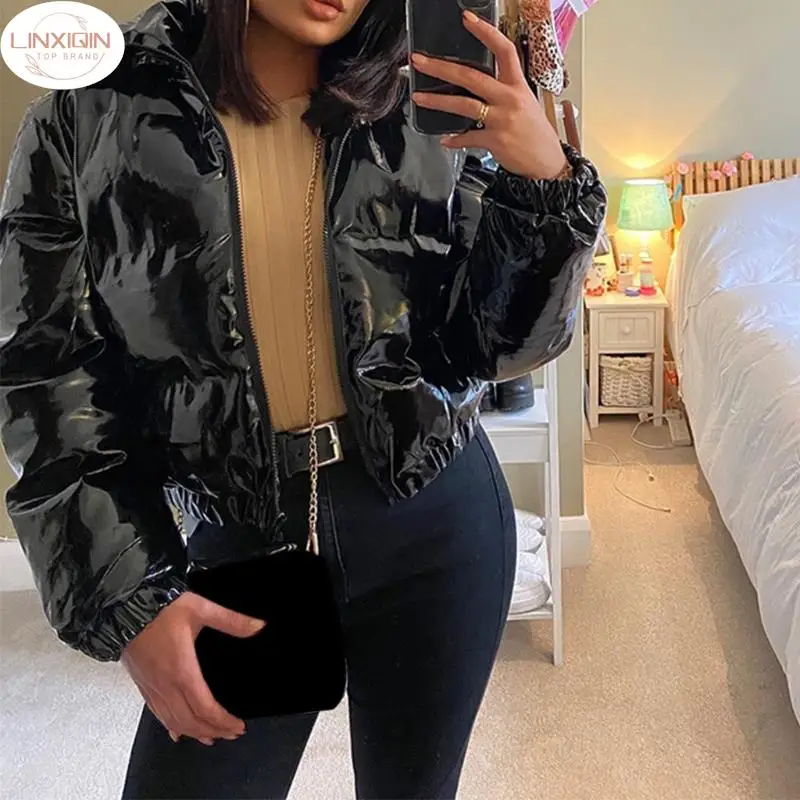 

Women Winter Long Sleeve Zipper Puffer Jacket Stand Collar Shiny Metallic Faux Leather Cropped Puffy Bubble Coat Quilted Parkas