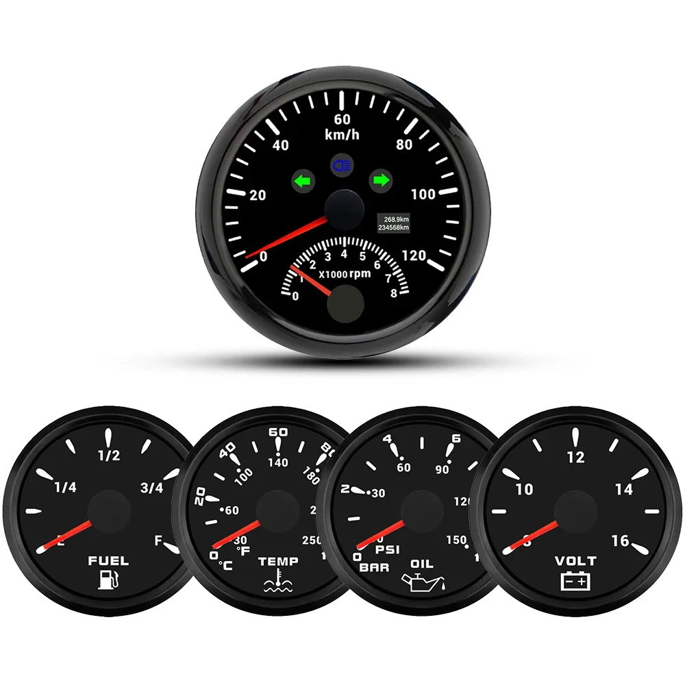 

5 калибр в комплекте 85 мм GPS Спидометр 120 км/ч с 8KRPM Тахометр + 52 мм Температура воды масляное давление топливный уровень Вольтметр для лодки автомобиля