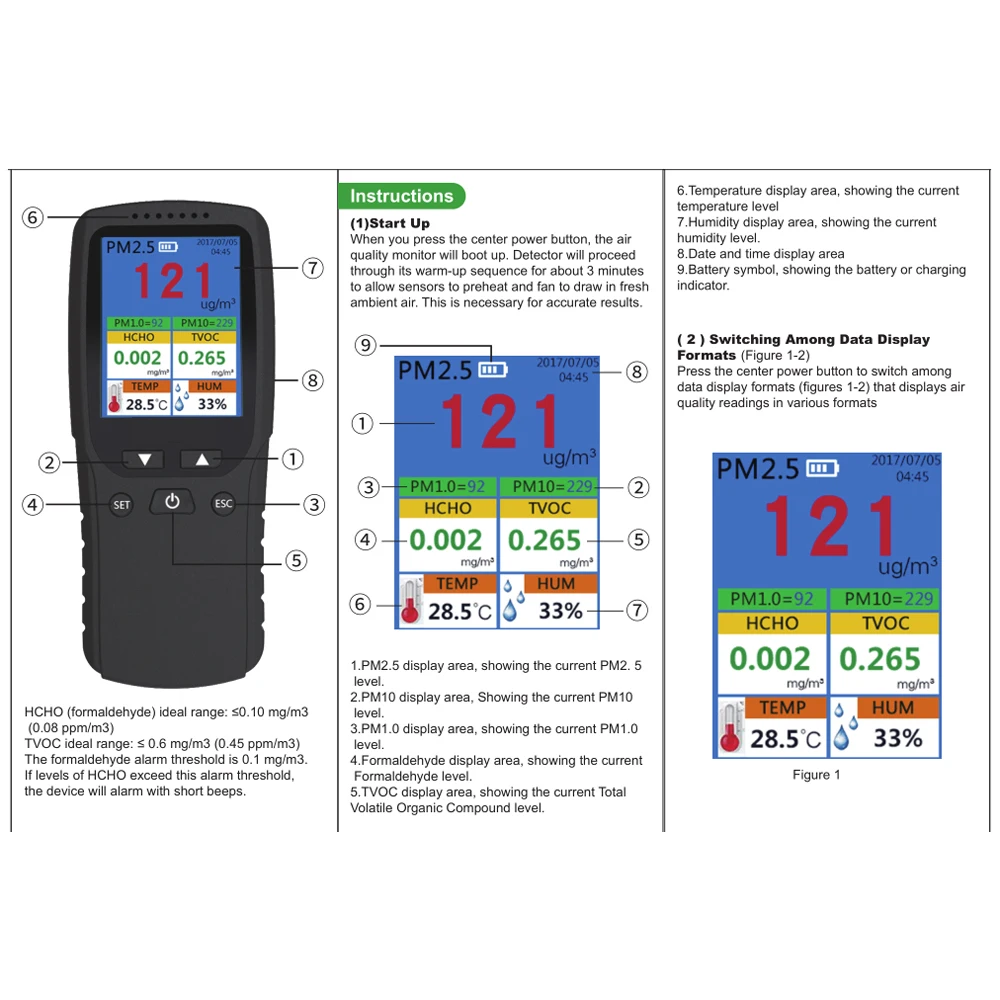 디지털 공기질 측정기, HCHO TVOC, PM2.5, PM10, PM1.0, AQI 온도 습도 테스터, 공기 오염 모니터, 8 인 1