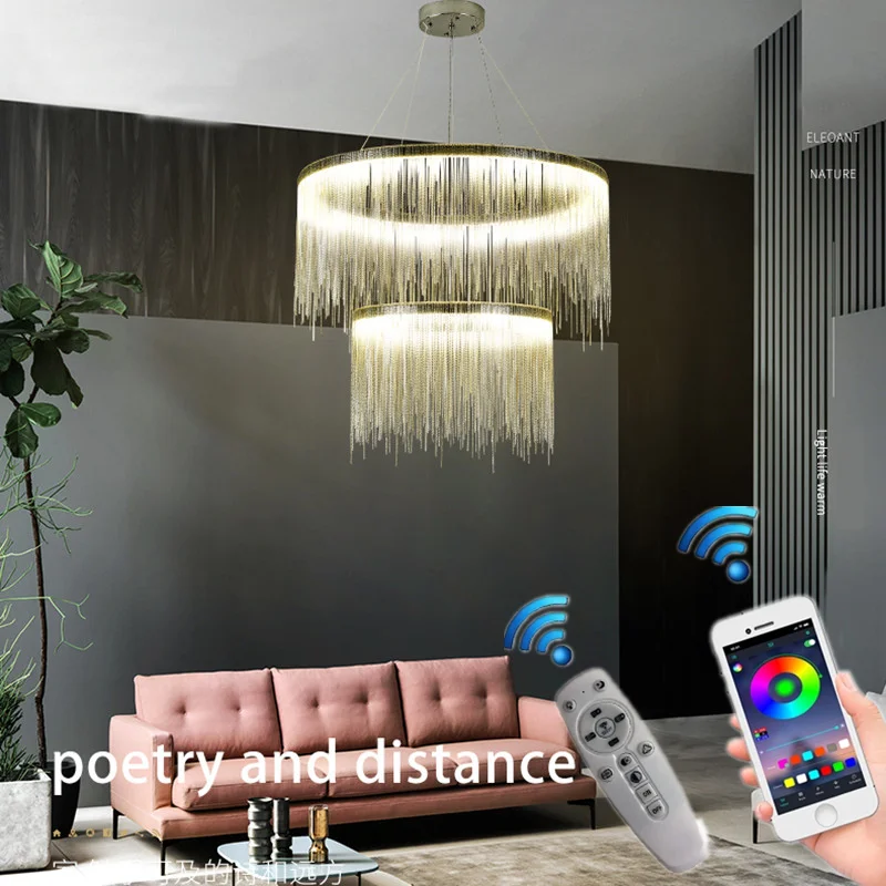 

Aluminum Chain LED Pendant Lights Postmodern Style Living Room Remote indoor hanging Lighting Modern Tassel Ceiling Chandelier