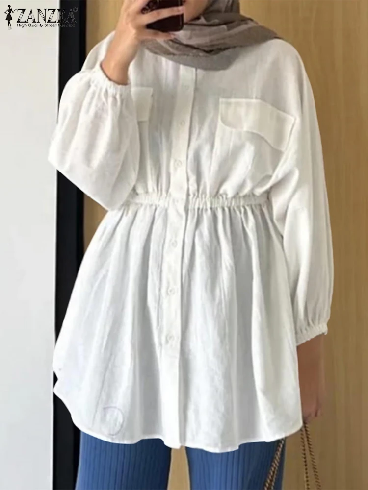 

ZANZEA Fashion Party Muslim Blouse Puff Sleeve O-Neck Shirt Woman Elegant Eid Mubarek Tops Vintage Solid IsIamic Clothing 2023