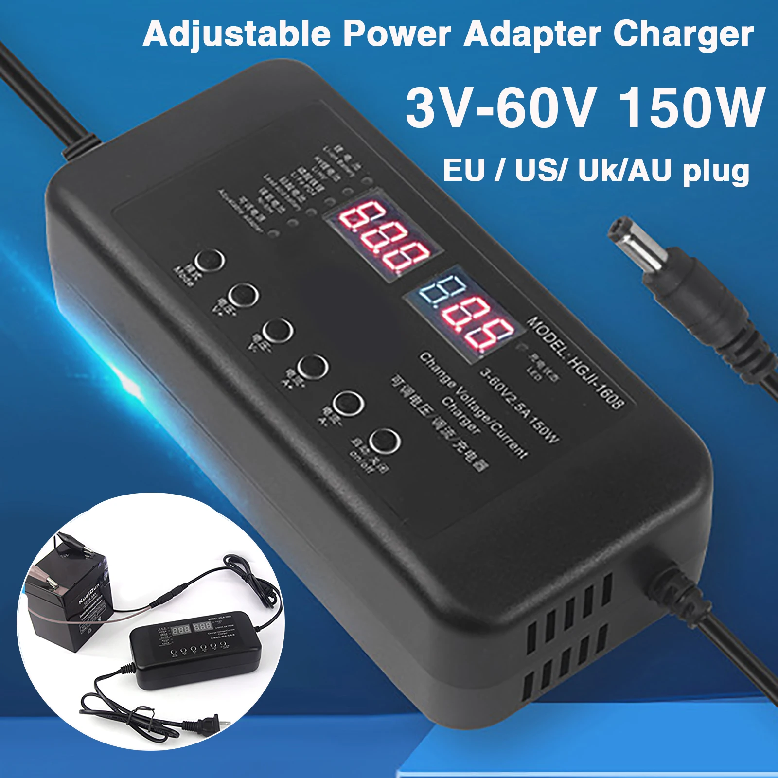 

150W Adjustable Power Adapter Charger 3V-60V With Display Screen Charger 2.8V 14V 28V 36V 48V 56V 60V Li-ion battery Charger