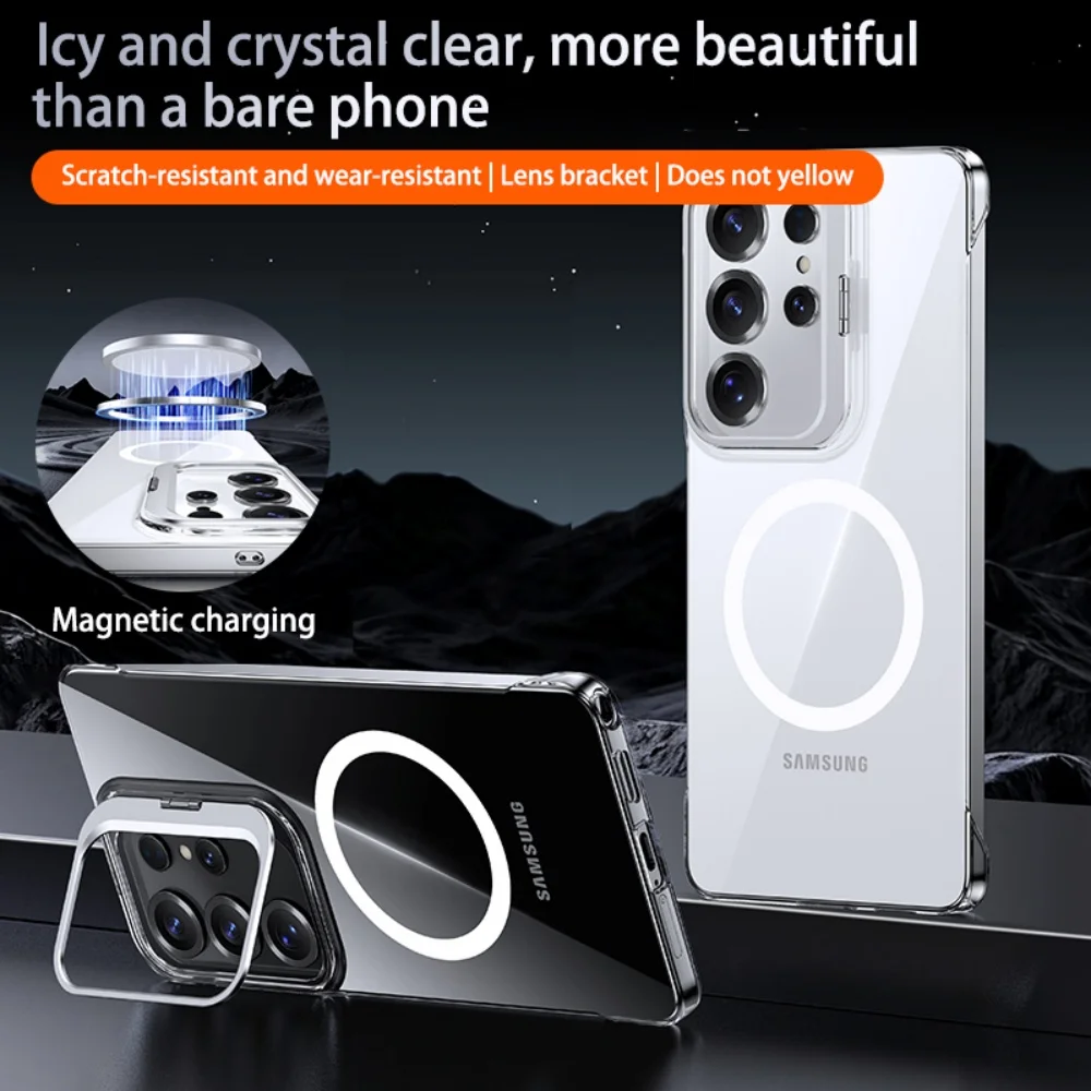 Slim Frameless Clear Magnetic Case with Foldable Camera Stand