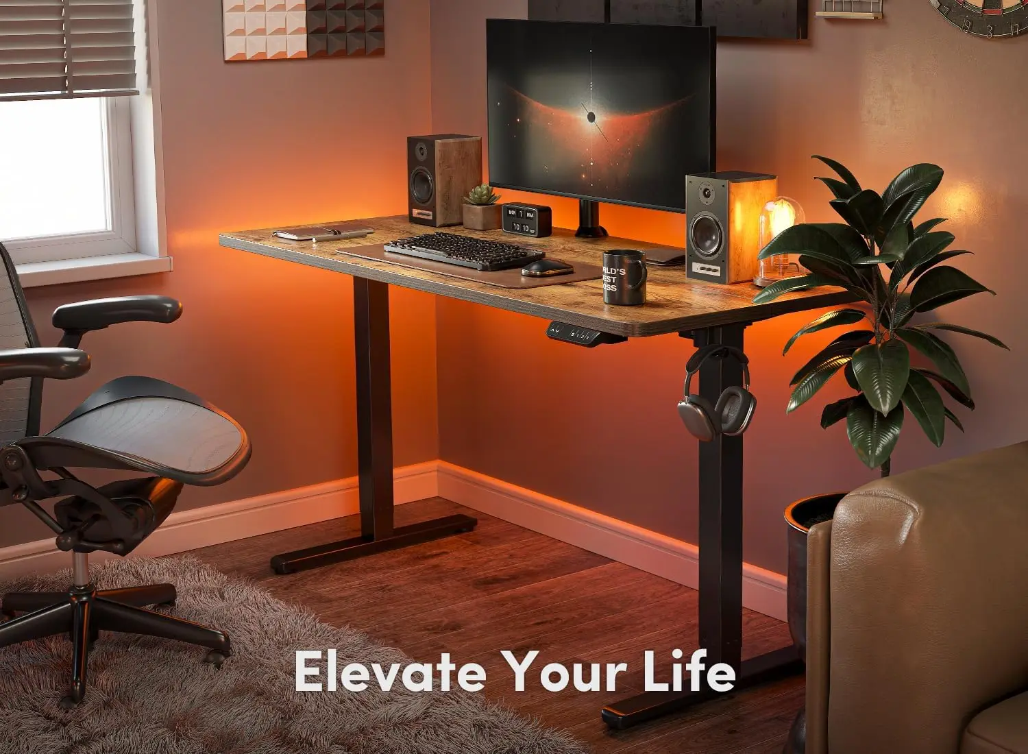 FEZIBO Electric Standing 48 x 24 Inches Height Adjustable Stand up, Sit Stand Home Office Desk, Computer Desk, Rustic
