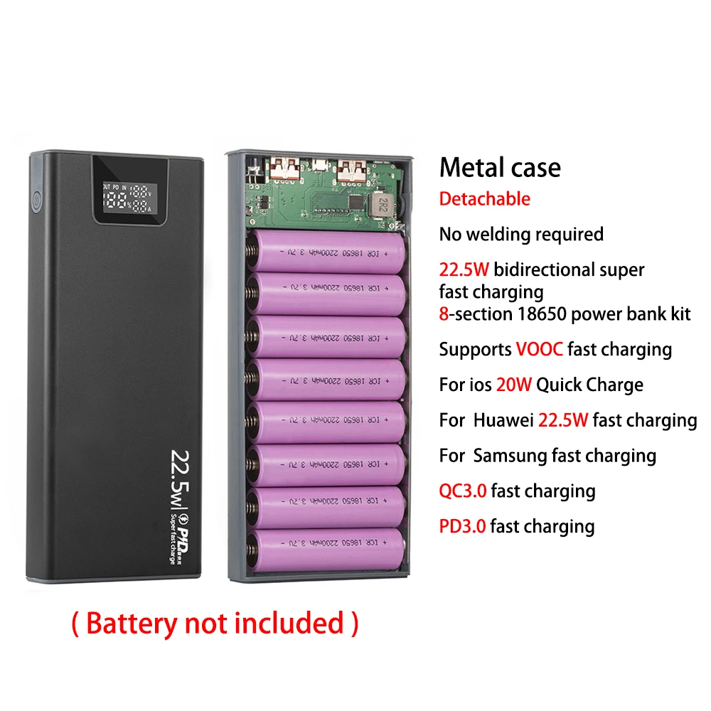 22.5W 8x18650 Battery Case Digital Display Quick Charge Outer Metal shells DIY Power Bank Shell Portable Detachable External Box