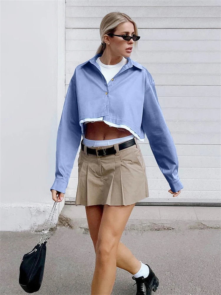 TARUXY Blue Patchwork Cropped Shirts For Women 2023 Spring New Fashion High  Street Long Sleeve Crop Tops Shirt Ladies Blusas