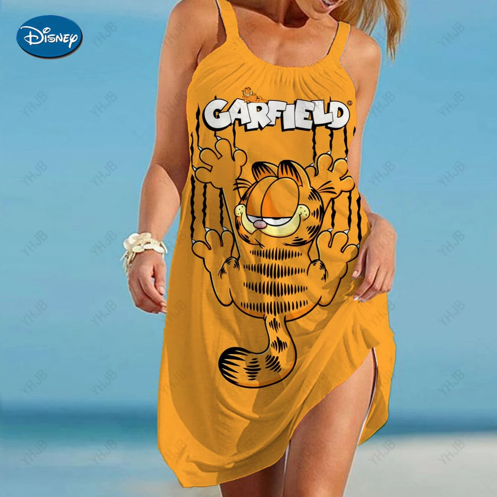 

Women Dress 2023 Summer Vintage Garfield Print Beach Knee-length Sundress Bohemian Sleeveless Holiday Baggy Vestidos