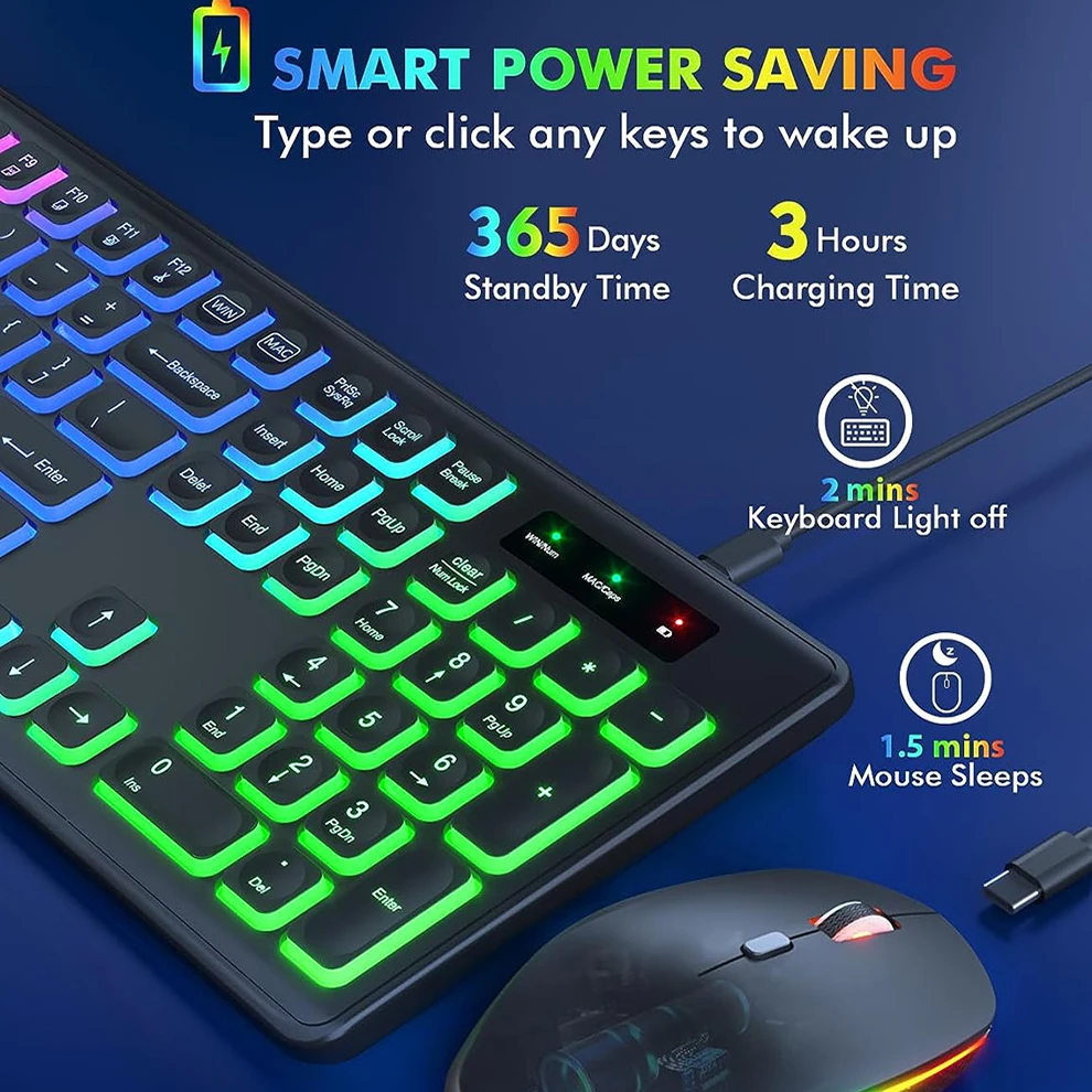 Combo de Teclado e Mouse sem Fio Retroiluminado Rgb Letras Iluminadas Recarregáveis Tamanho Completo Ergonômico Modo de Suspensão 24 Ghz - Imagem 3