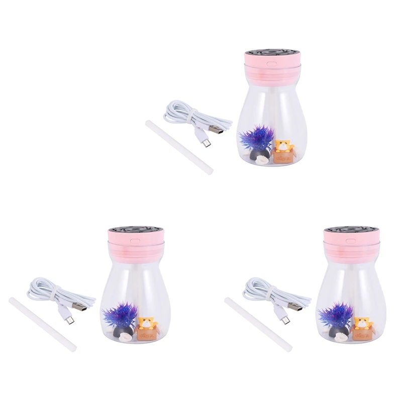 

3X Cute Cool Mist Humidifier Office Bedroom Air Purifier Air Humidifier With LED Light Air Moisturizing Bottle(Pink)
