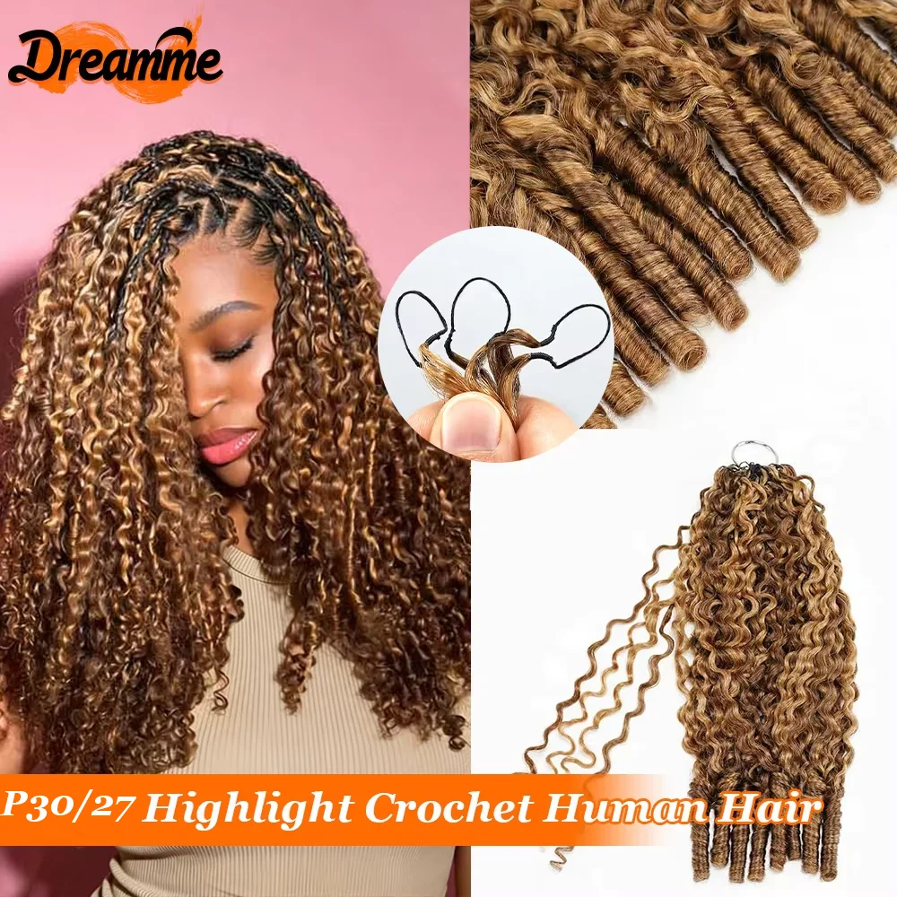 Burmese Curly Honey Blonde Highlight Crochet Hair Machine Made Feather Human Hair Extension Braiding Hair With Invisible Knot 1