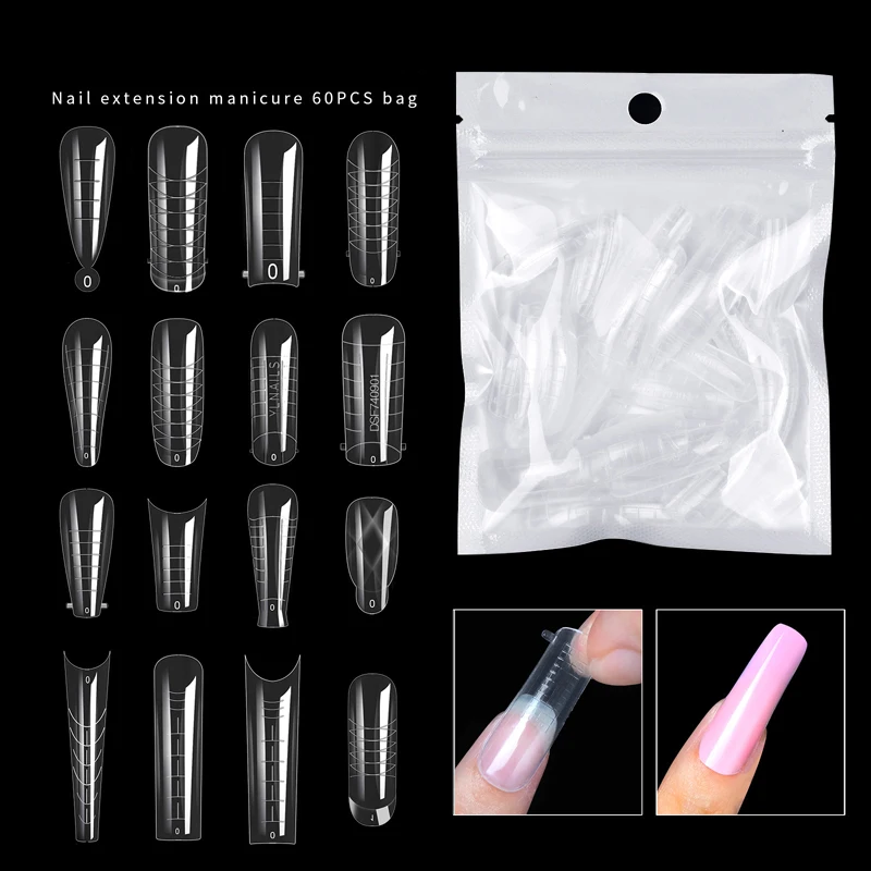 60 Pz/Borsa Dual Forms Extended Plastic Nails Sticker Paper-Free Support Tape Scale Nail Film Strumento Trasparente Per Unghie Artistiche