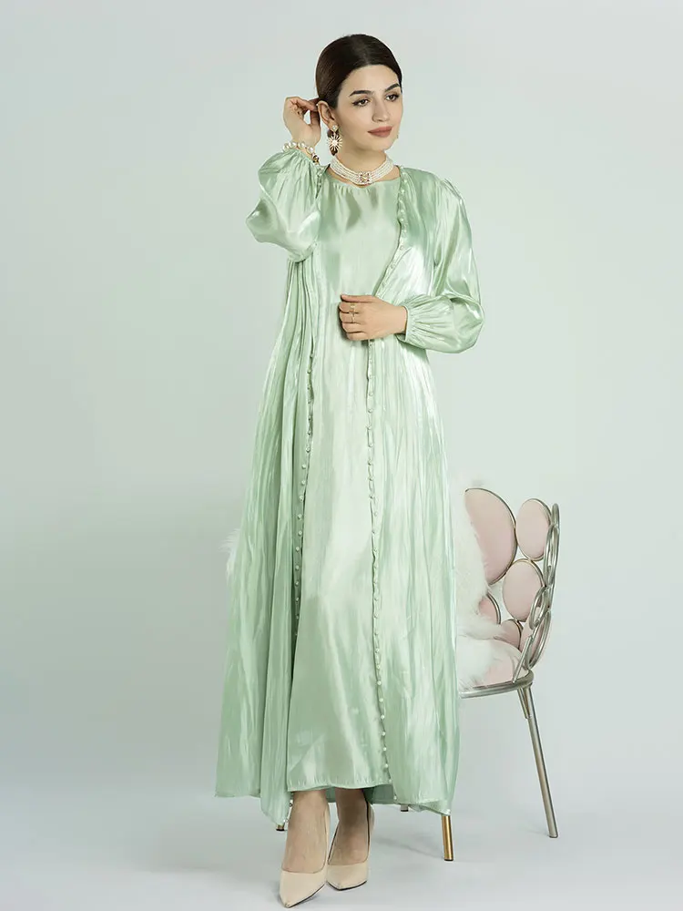 Party Abaya Moroccan Kaftan 2 Piece Set for Women Silk Satin Kimono Long Dress Muslim Gulf Abaya Evening Outwear Ramadan Eid
