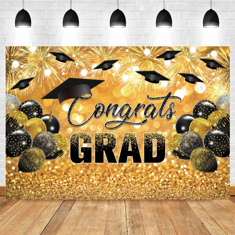 

Graduate Grad Party Photography Backdrop Bachelor Cap Golden Balloon Spots Photocall Decor Photographic Background Photo Studio