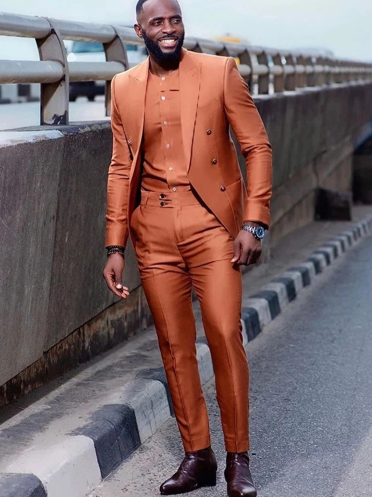New Orange African Men Suits Peak Lapel Wedding Slim Fit Groom Tuxedo Terno Masculino Prom Blazer 2 Pc Jacket Pant Costume Homme
